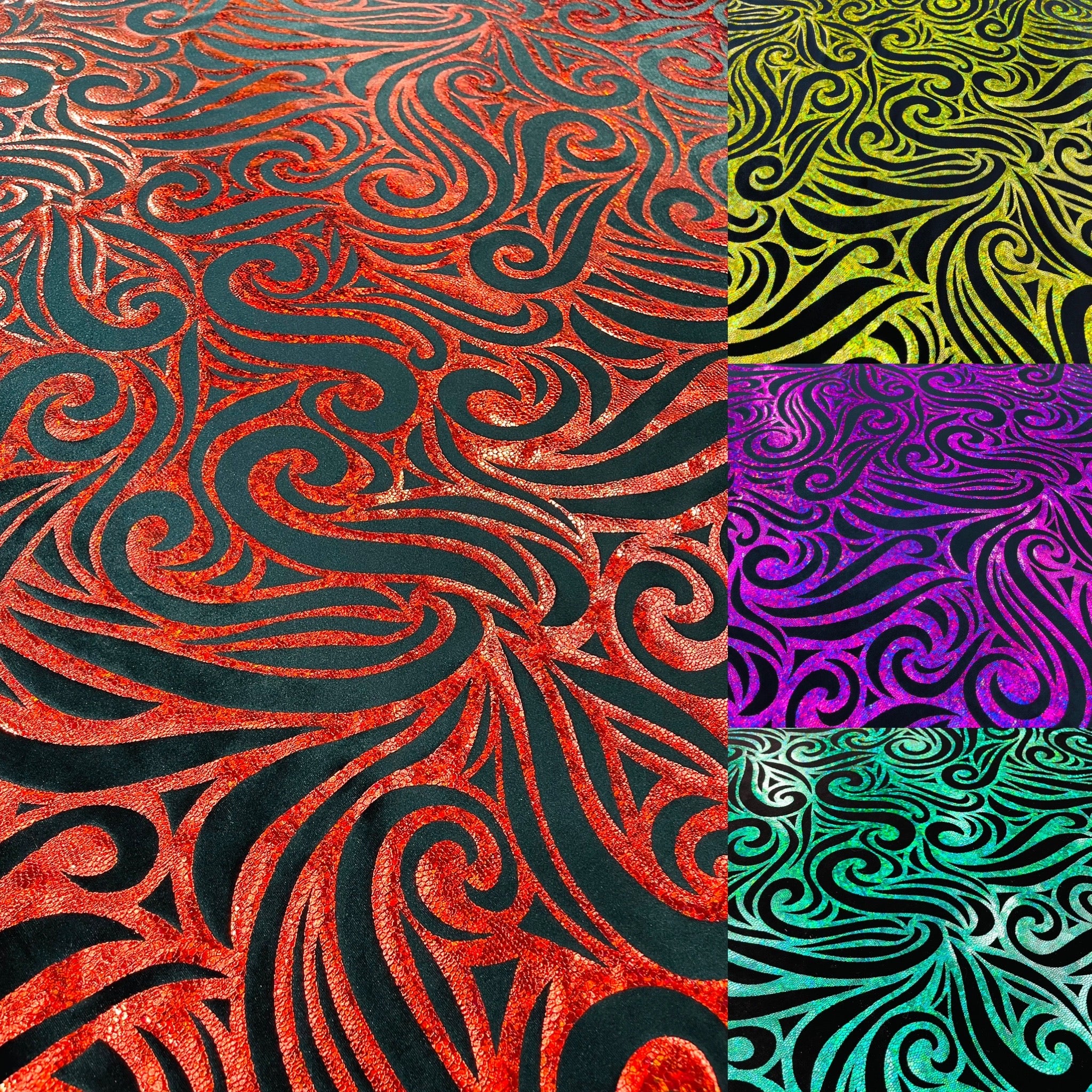 Holographic Foil Tribal Flame Design On A Stretch Velvet Fabric. Sold By The Yard