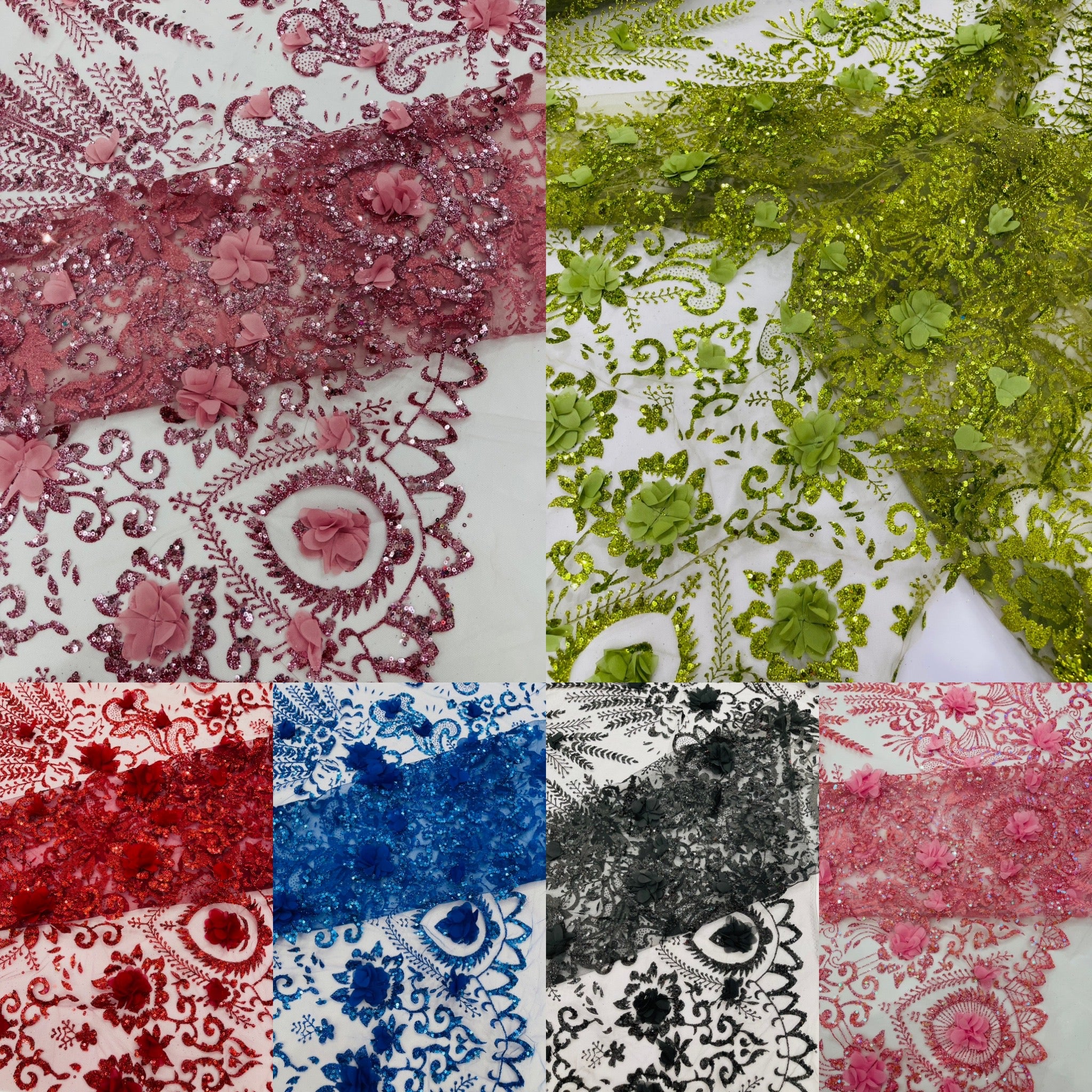 Floral 3D Palm Damask with glitter in a Mesh Lace- Sold by the yard