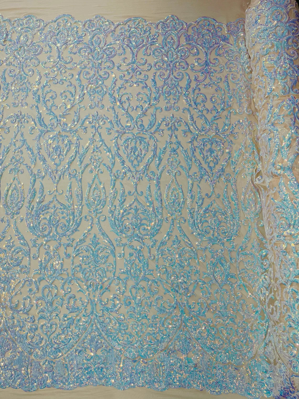 King Damask Design Sequins - Aqua Blue - 4 Way Stretch Lace Mesh Embroidered Sequins By Yard