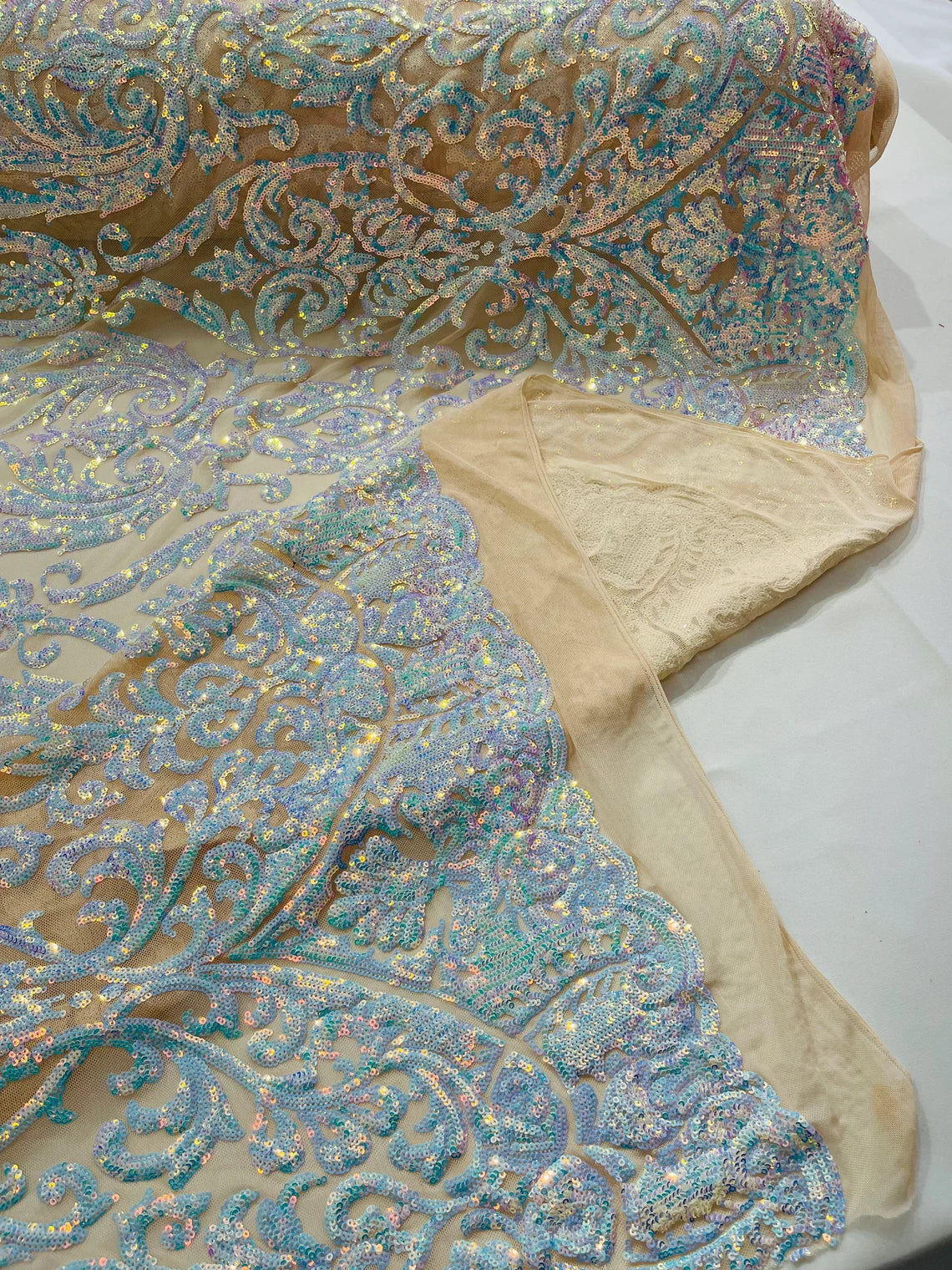 King Damask Design Sequins - Aqua Blue - 4 Way Stretch Lace Mesh Embroidered Sequins By Yard