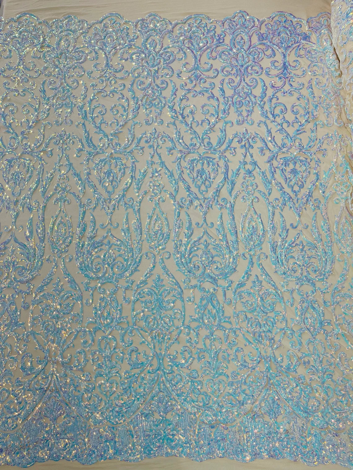 King Damask Design Sequins - Aqua Blue - 4 Way Stretch Lace Mesh Embroidered Sequins By Yard