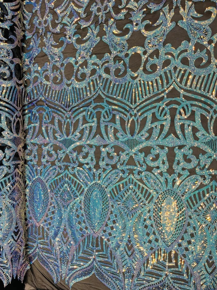 Royalty Damask Sequins Fabric - Aqua on Black - Fancy Royal Lace Design 4 Way Stretch Sequins By Yard