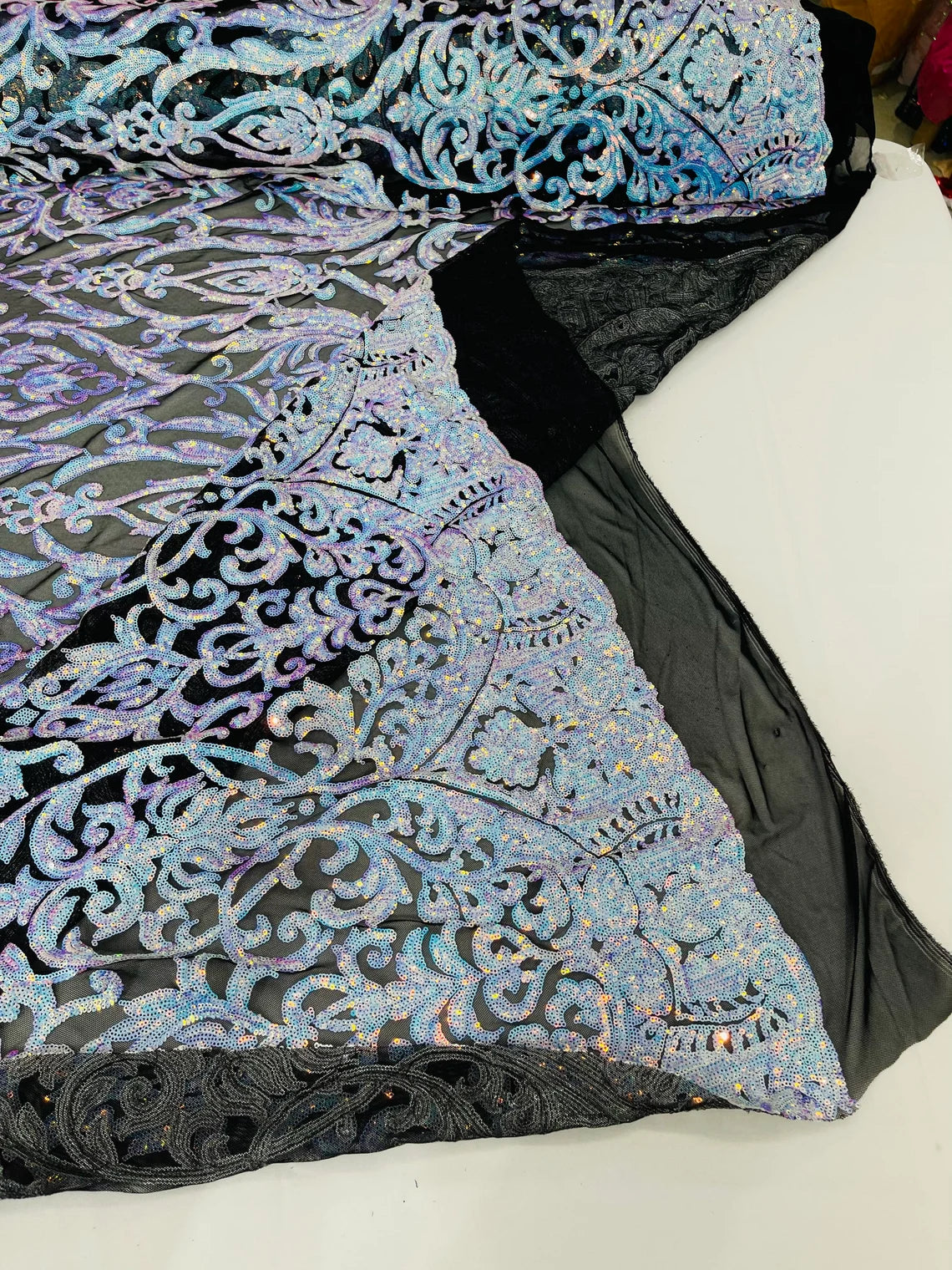 King Damask Design Sequins - Aqua Blue on Black - 4 Way Stretch Lace Mesh Embroidered Sequins By Yard