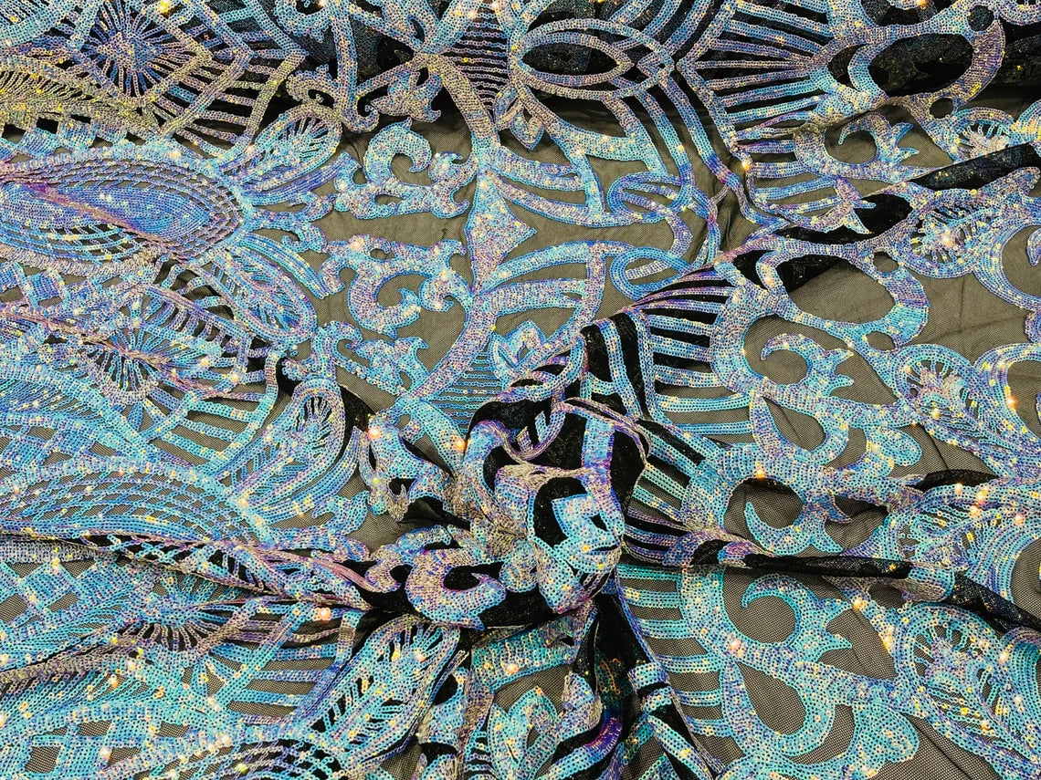 Royalty Damask Sequins Fabric - Aqua on Black - Fancy Royal Lace Design 4 Way Stretch Sequins By Yard