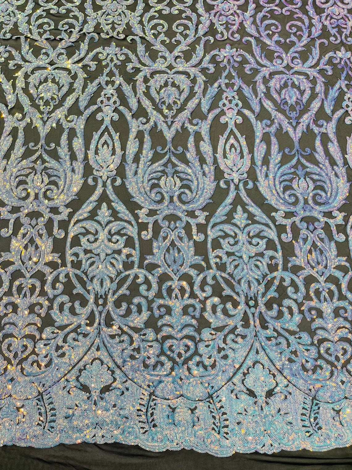 King Damask Design Sequins - Aqua Blue on Black - 4 Way Stretch Lace Mesh Embroidered Sequins By Yard