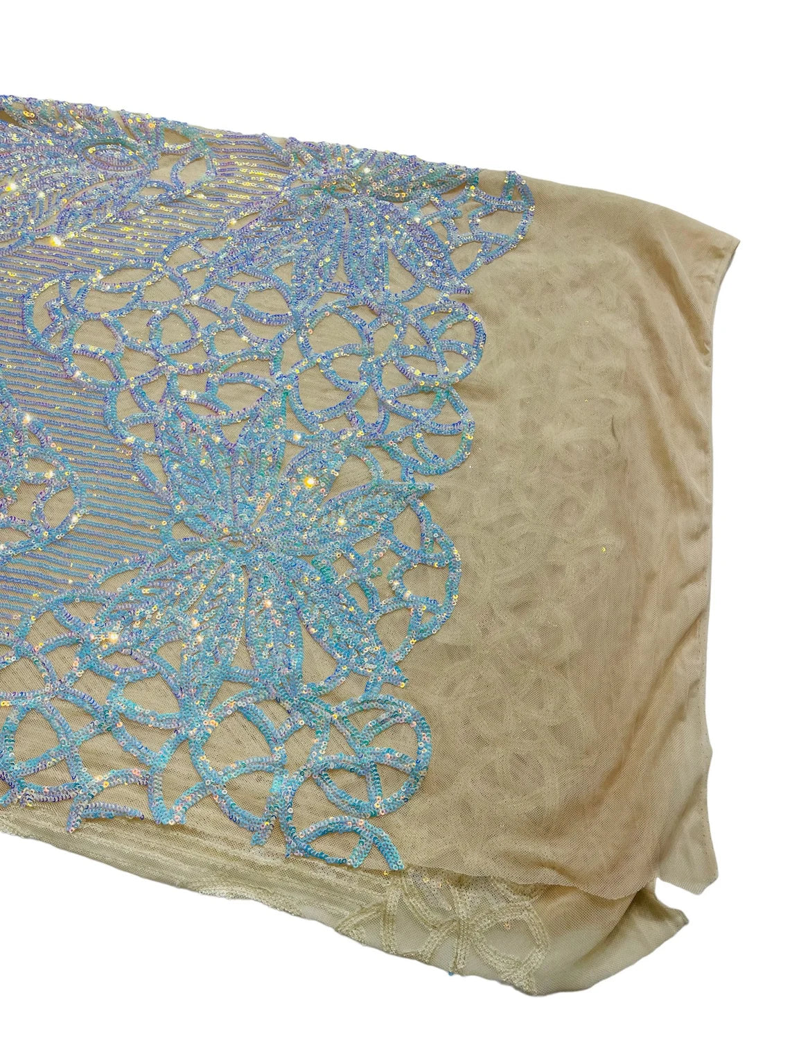 Gorgeous Star Leaf Fabric - Aqua Iridescent B - Leaf Design Embroidered 4 Way Stretch Sequins Fabric By Yard