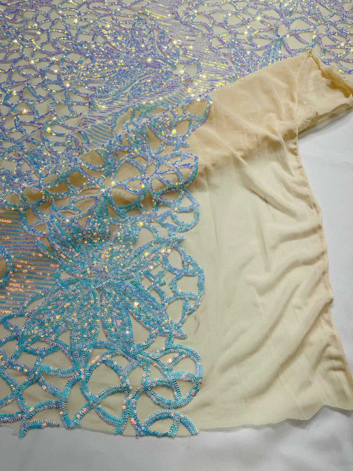 Gorgeous Star Leaf Fabric - Aqua Iridescent B - Leaf Design Embroidered 4 Way Stretch Sequins Fabric By Yard