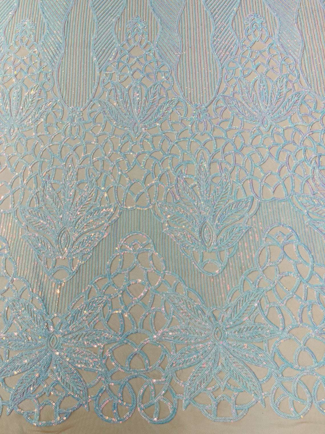 Gorgeous Star Leaf Fabric - Aqua Iridescent A - Leaf Design Embroidered 4 Way Stretch Sequins Fabric By Yard