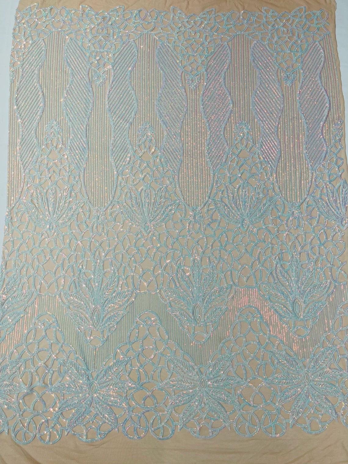 Gorgeous Star Leaf Fabric - Aqua Iridescent A - Leaf Design Embroidered 4 Way Stretch Sequins Fabric By Yard