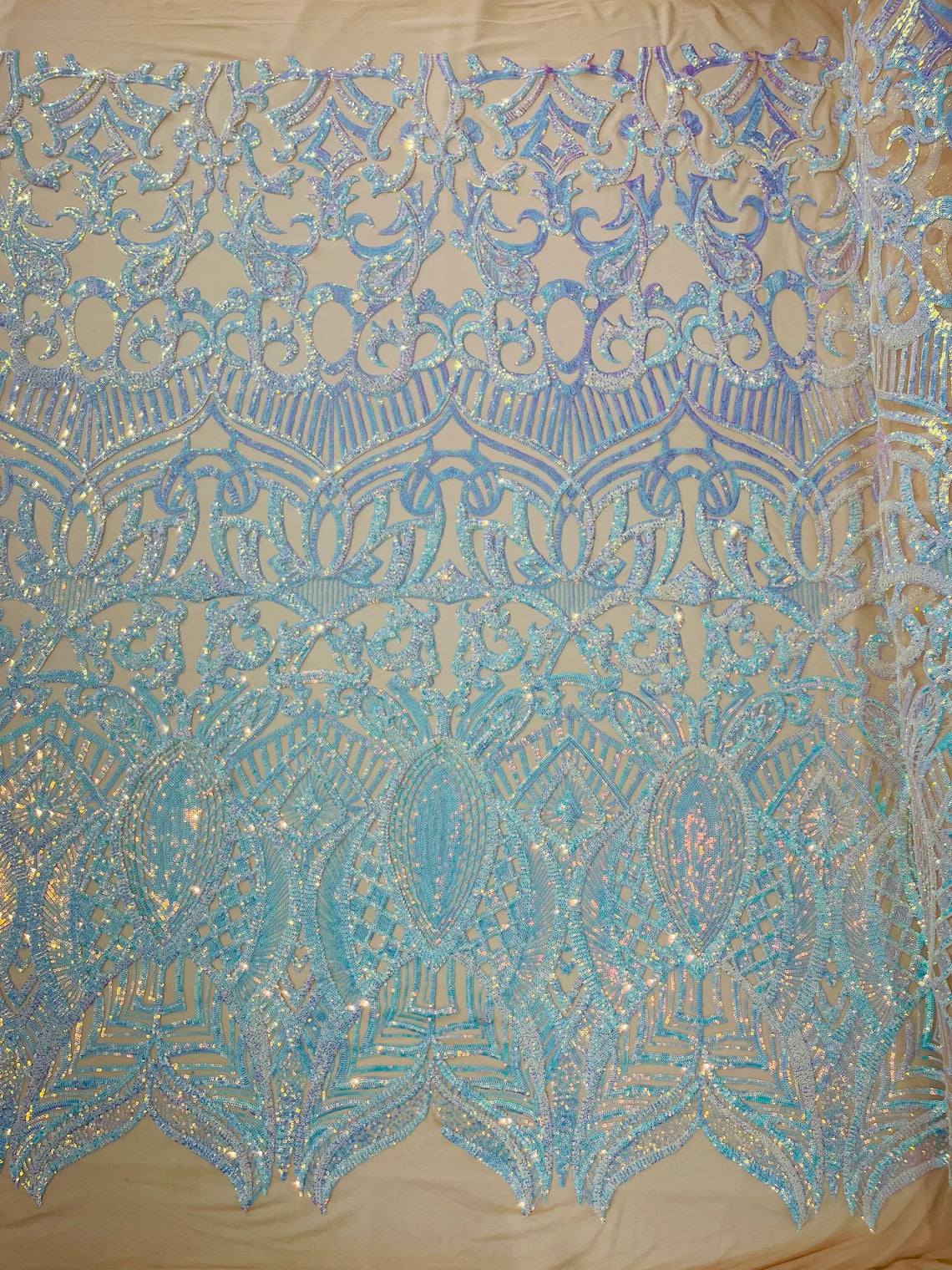 Royalty Damask Sequins Fabric - Aqua Iridescent on Nude - Fancy Royal Lace Design 4 Way Stretch Sequins By Yard