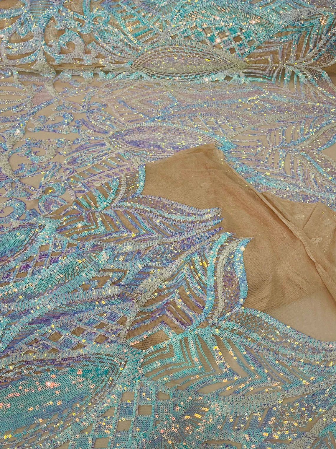 Royalty Damask Sequins Fabric - Aqua Iridescent on Nude - Fancy Royal Lace Design 4 Way Stretch Sequins By Yard