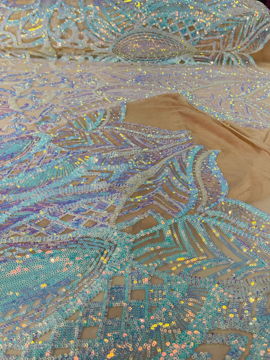 Royalty Damask Sequins Fabric - Aqua Iridescent on Nude - Fancy Royal Lace Design 4 Way Stretch Sequins By Yard