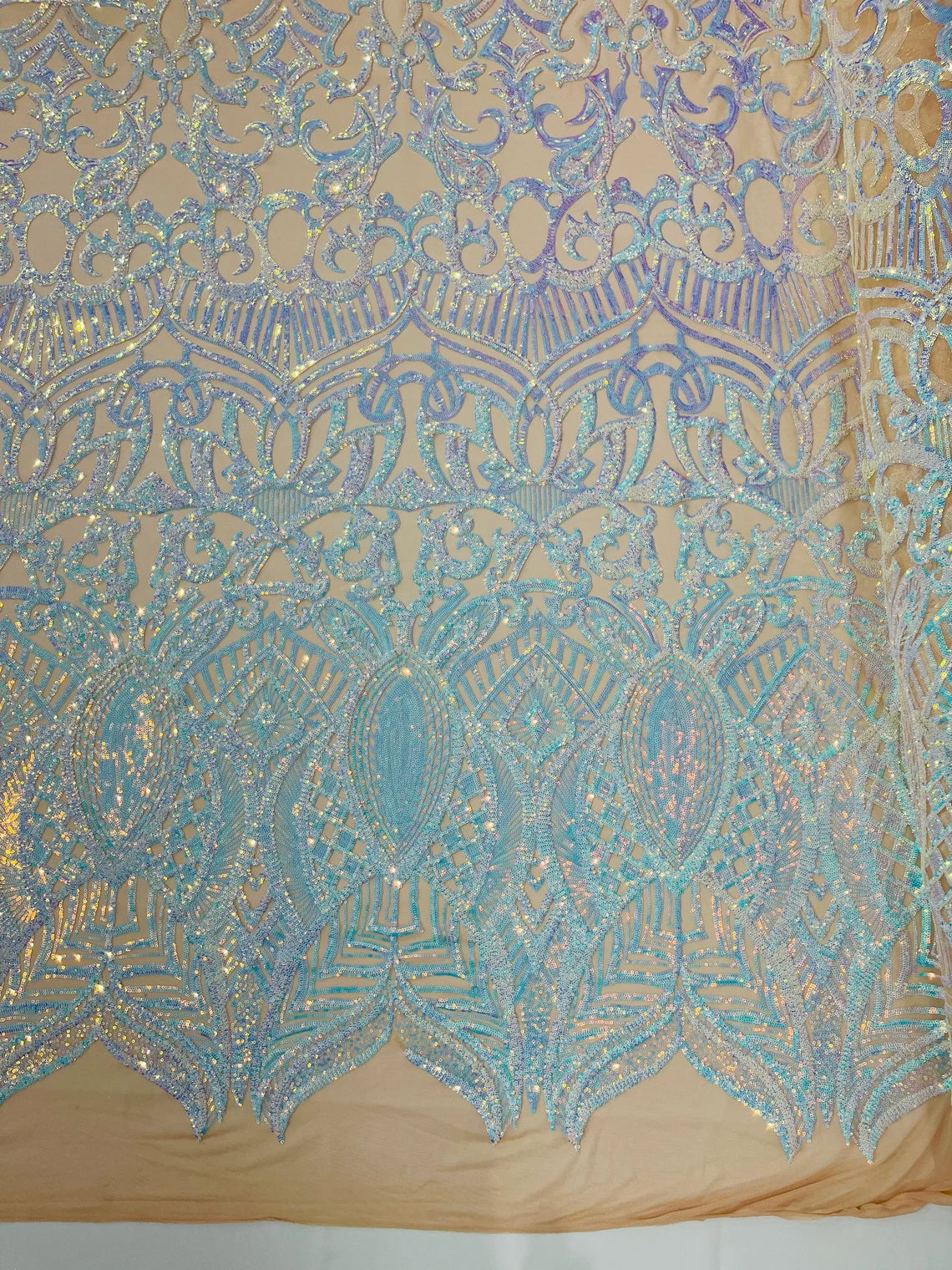 Royalty Damask Sequins Fabric - Aqua Iridescent on Nude - Fancy Royal Lace Design 4 Way Stretch Sequins By Yard