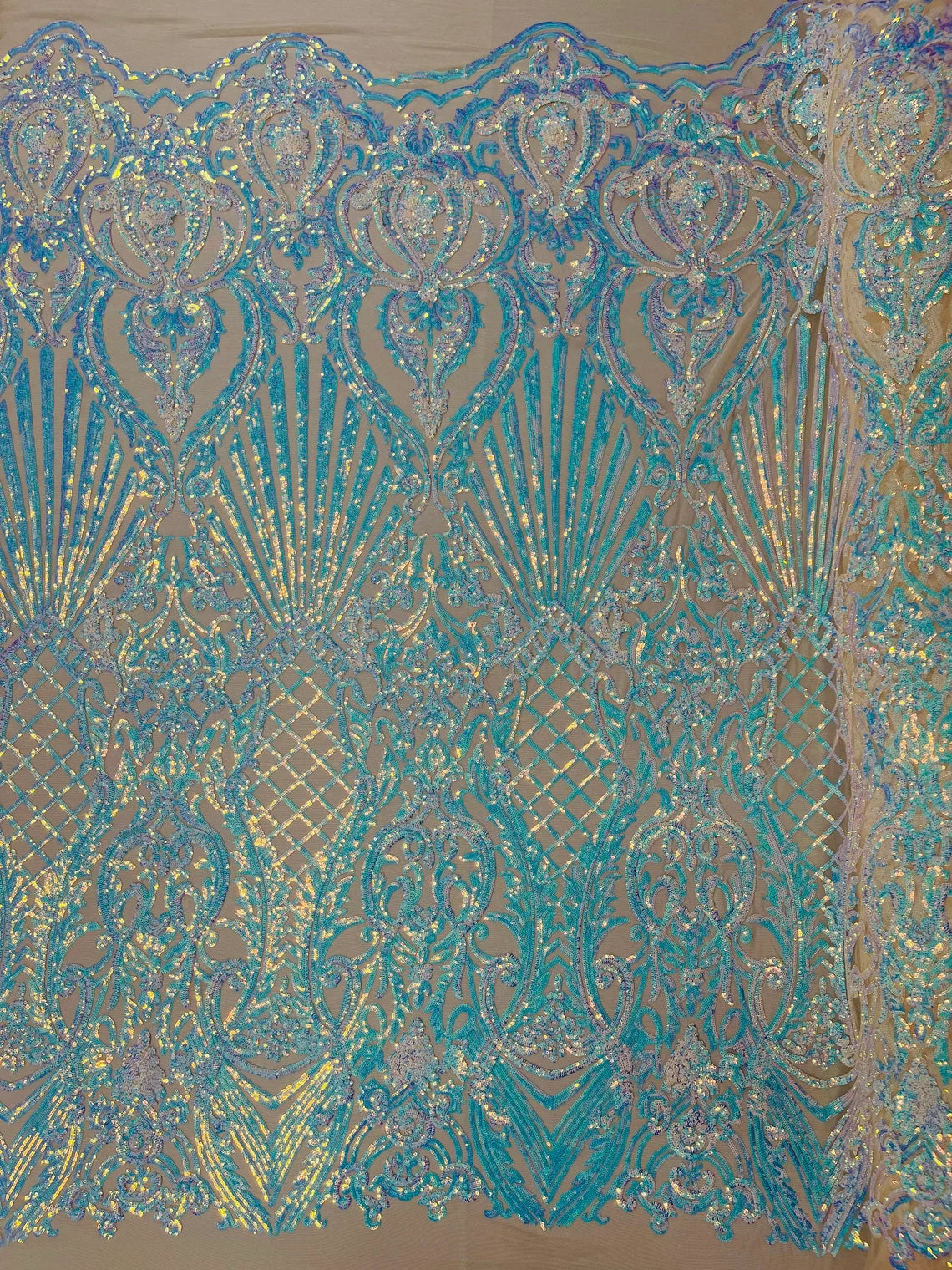 Seashell Geometric Sequins - Aqua Nude Mesh - Embroidered Sequins on 4 Way Stretch Lace Mesh Sold By Yard