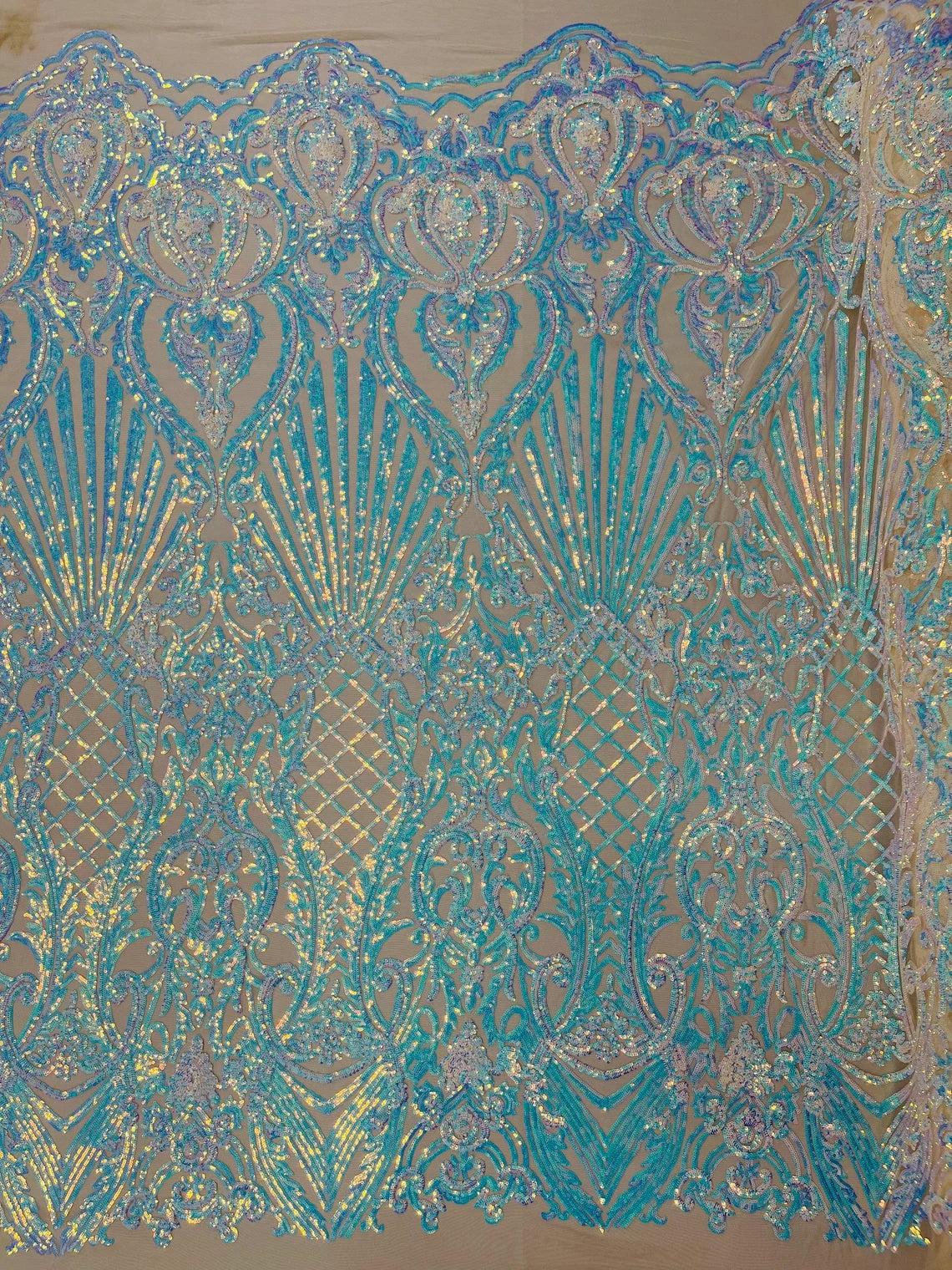 Seashell Geometric Sequins - Aqua Nude Mesh - Embroidered Sequins on 4 Way Stretch Lace Mesh Sold By Yard