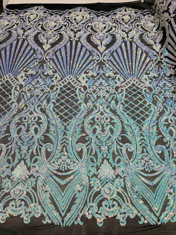 Seashell Geometric Sequins - Aqua on Black - Embroidered Sequins on 4 Way Stretch Lace Mesh Sold By Yard