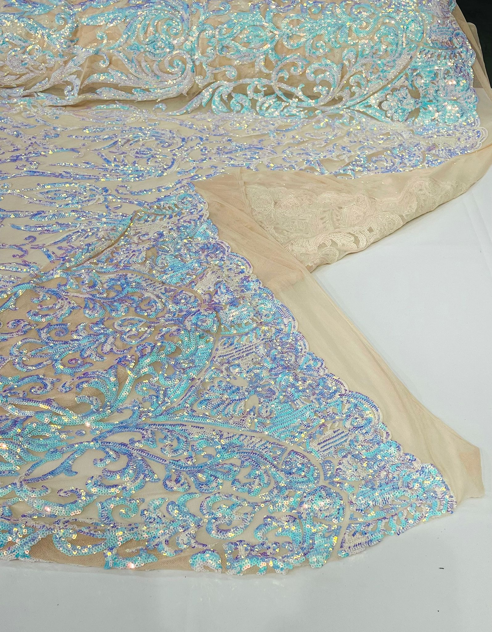 King Damask Design Sequins - 4 Way Stretch Lace Mesh Embroidered Sequins By Yard.