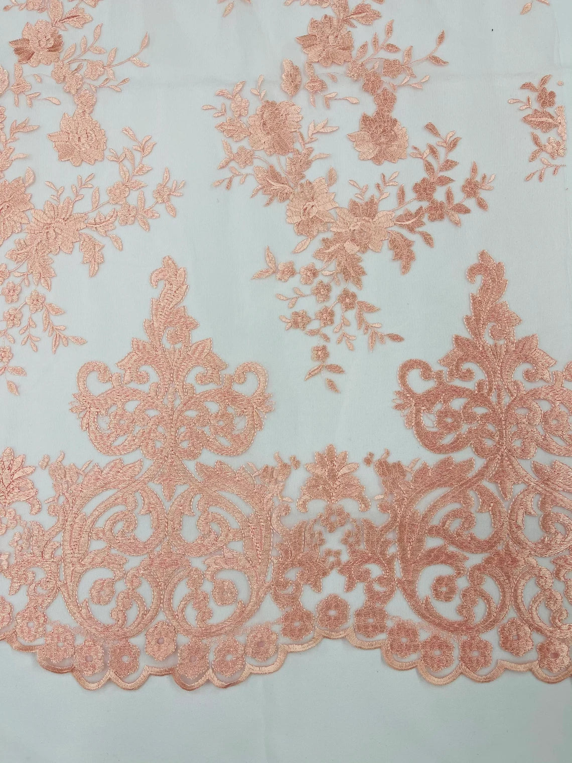 Damask Design Lace Fabric - Baby Pink - Embroidered Damask Fancy Beautiful Design Lace Fabric By Yard