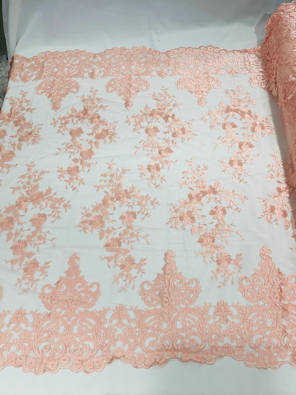 Damask Design Lace Fabric - Baby Pink - Embroidered Damask Fancy Beautiful Design Lace Fabric By Yard