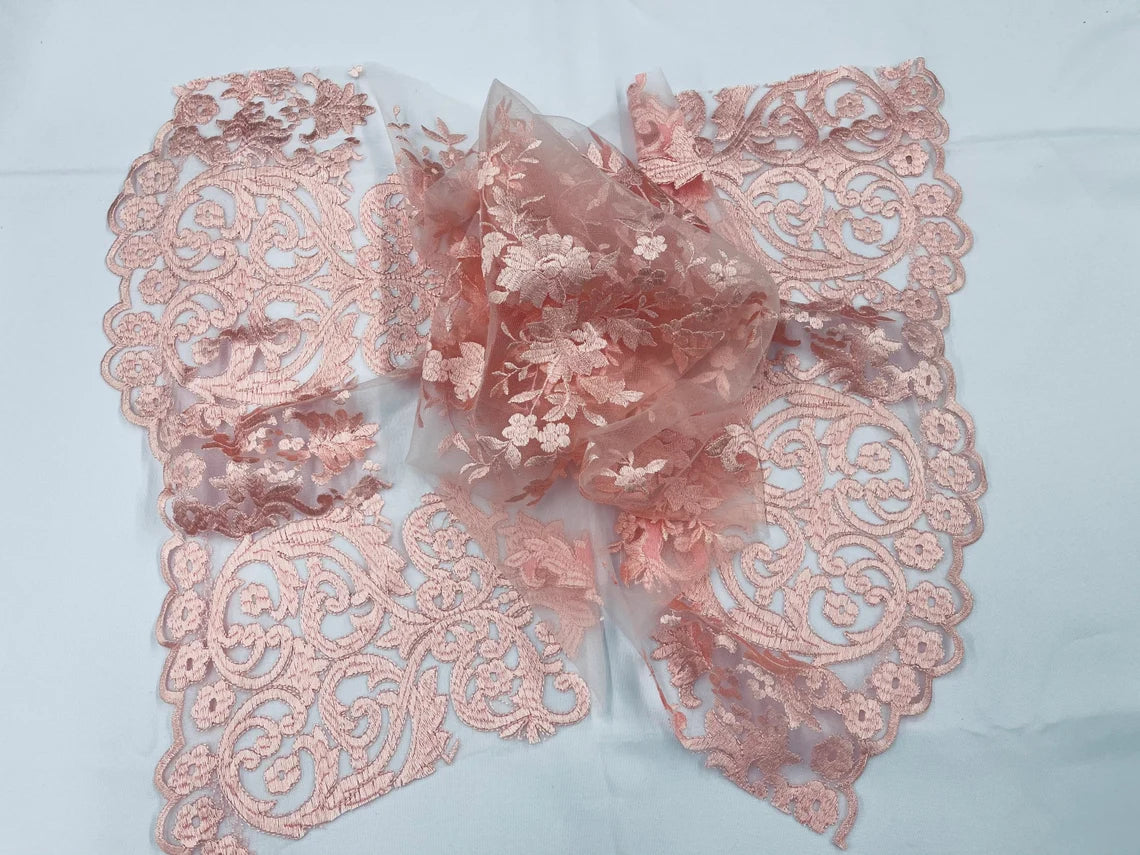 Damask Design Lace Fabric - Baby Pink - Embroidered Damask Fancy Beautiful Design Lace Fabric By Yard