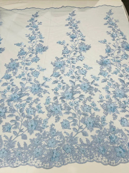 3D Floral Princess Fabric - Baby Blue - Embroidered Floral Lace Fabric with 3D Flowers By Yard