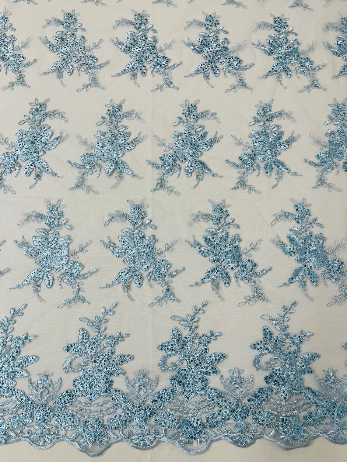 Flower Lace Sequins Fabric - Baby Blue - Floral Pattern Sequins Embroidered Fabric By Yard