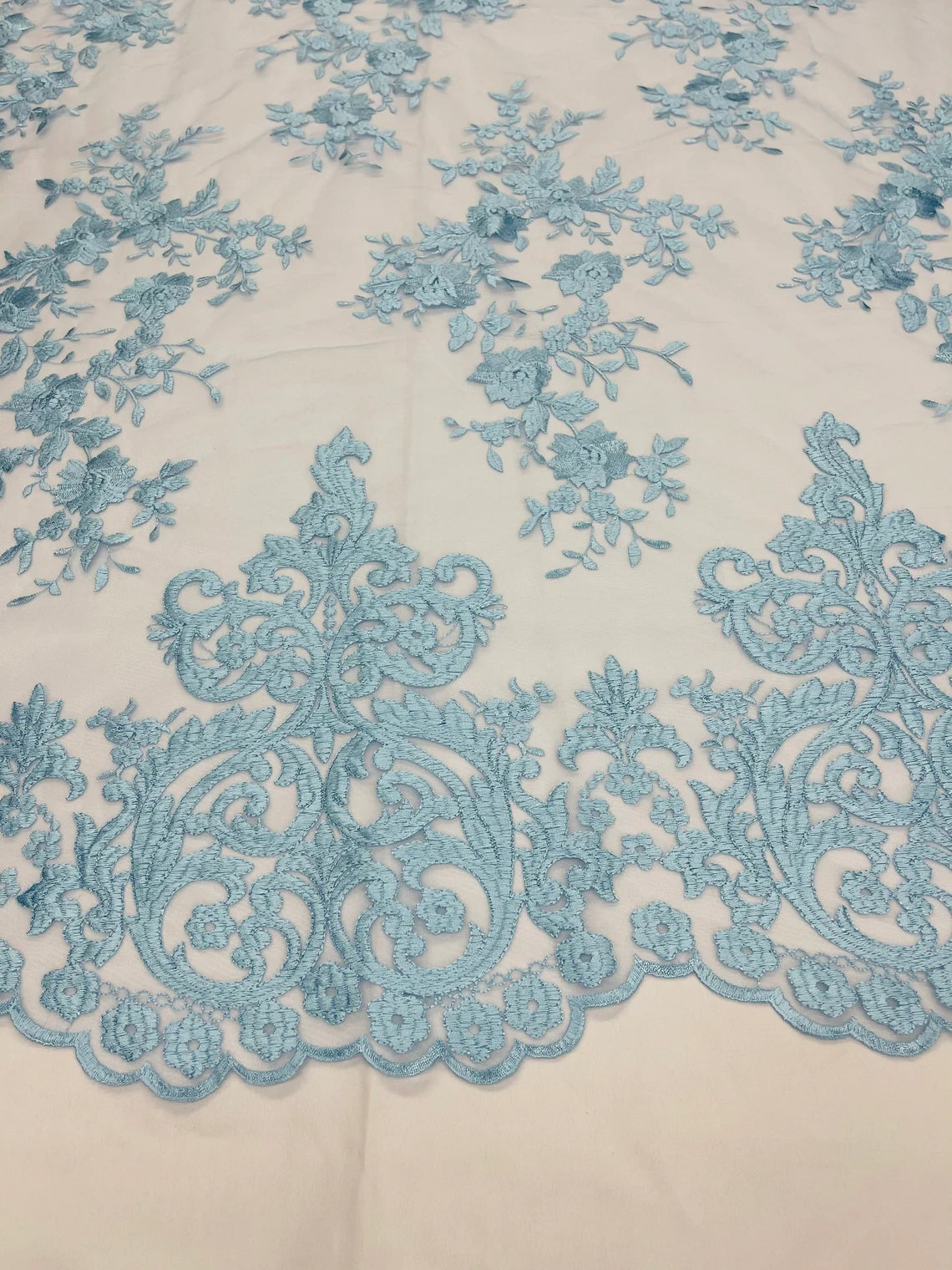 Damask Design Lace Fabric - Baby Blue - Embroidered Damask Fancy Beautiful Design Lace Fabric By Yard