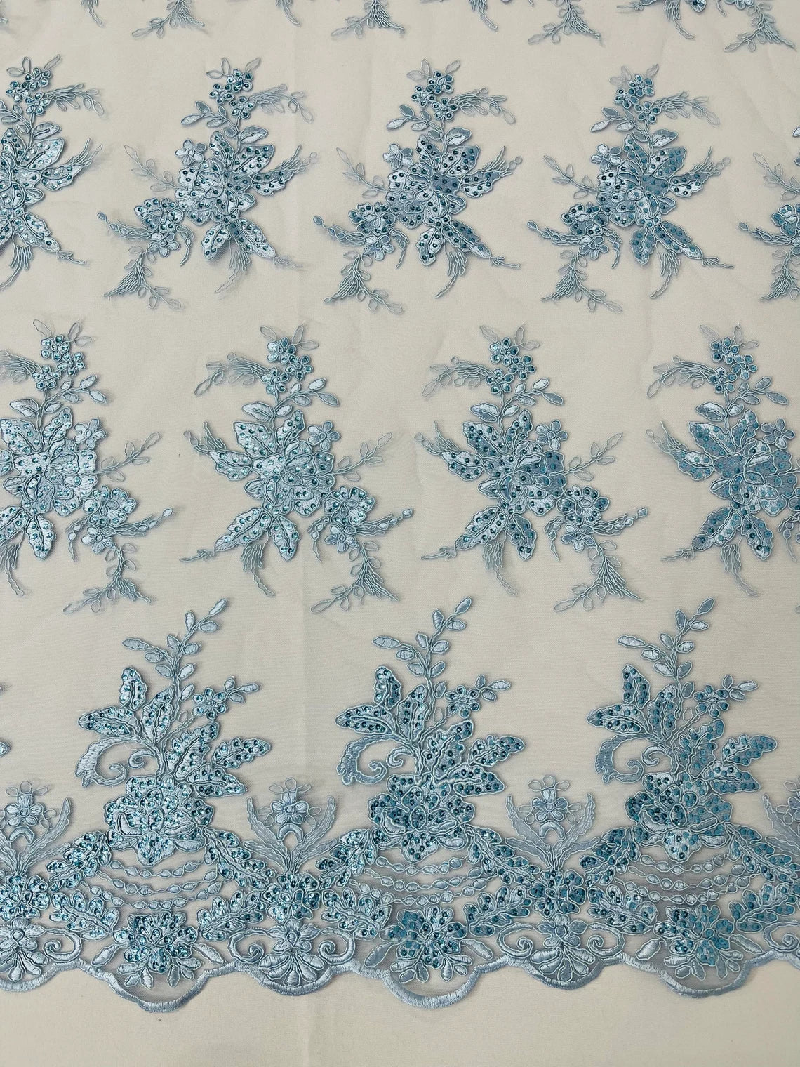 Flower Lace Sequins Fabric - Baby Blue - Floral Pattern Sequins Embroidered Fabric By Yard