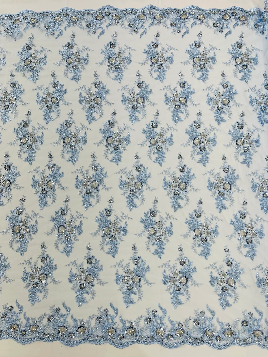 Floral Leaf Bead Sequins Fabric - Baby Blue - Embroidered Flower and Leaves Design Fabric By Yard