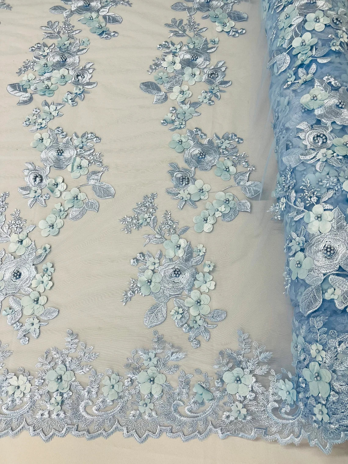 3D Flower Panels Fabric - Baby Blue - Flower Panels Bead Embroidered on Lace Fabric Sold By Yard