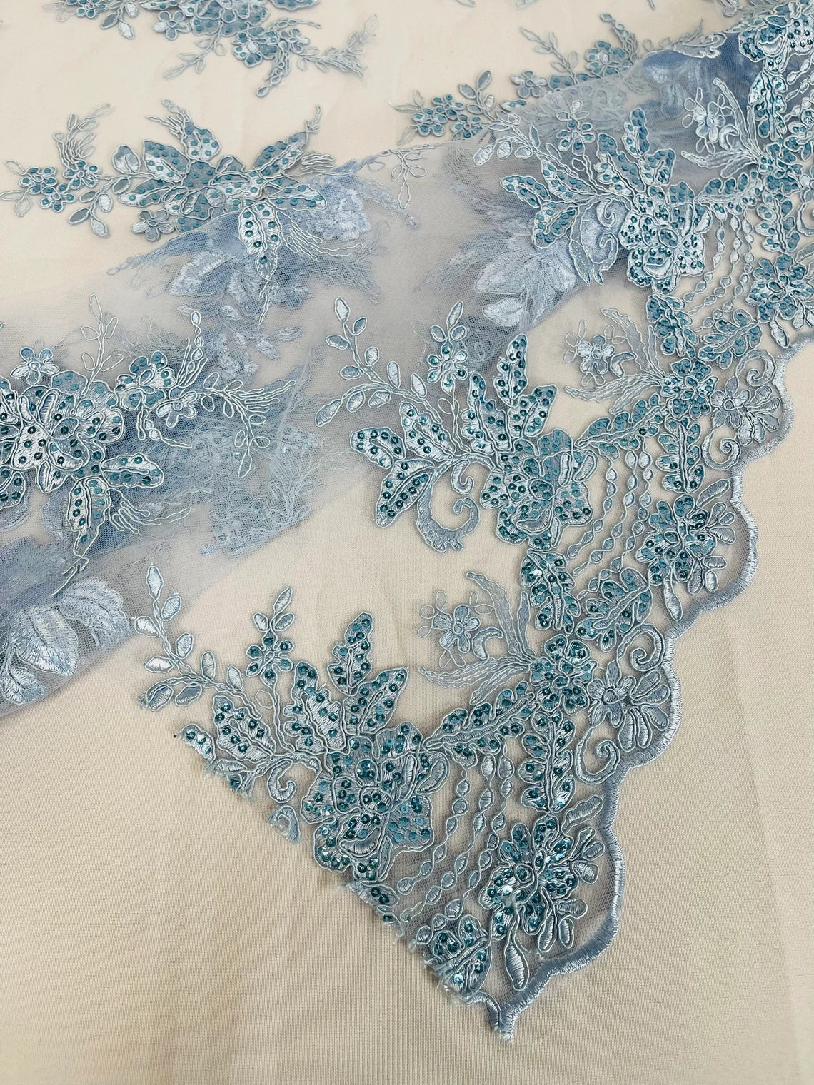 Flower Lace Sequins Fabric - Baby Blue - Floral Pattern Sequins Embroidered Fabric By Yard