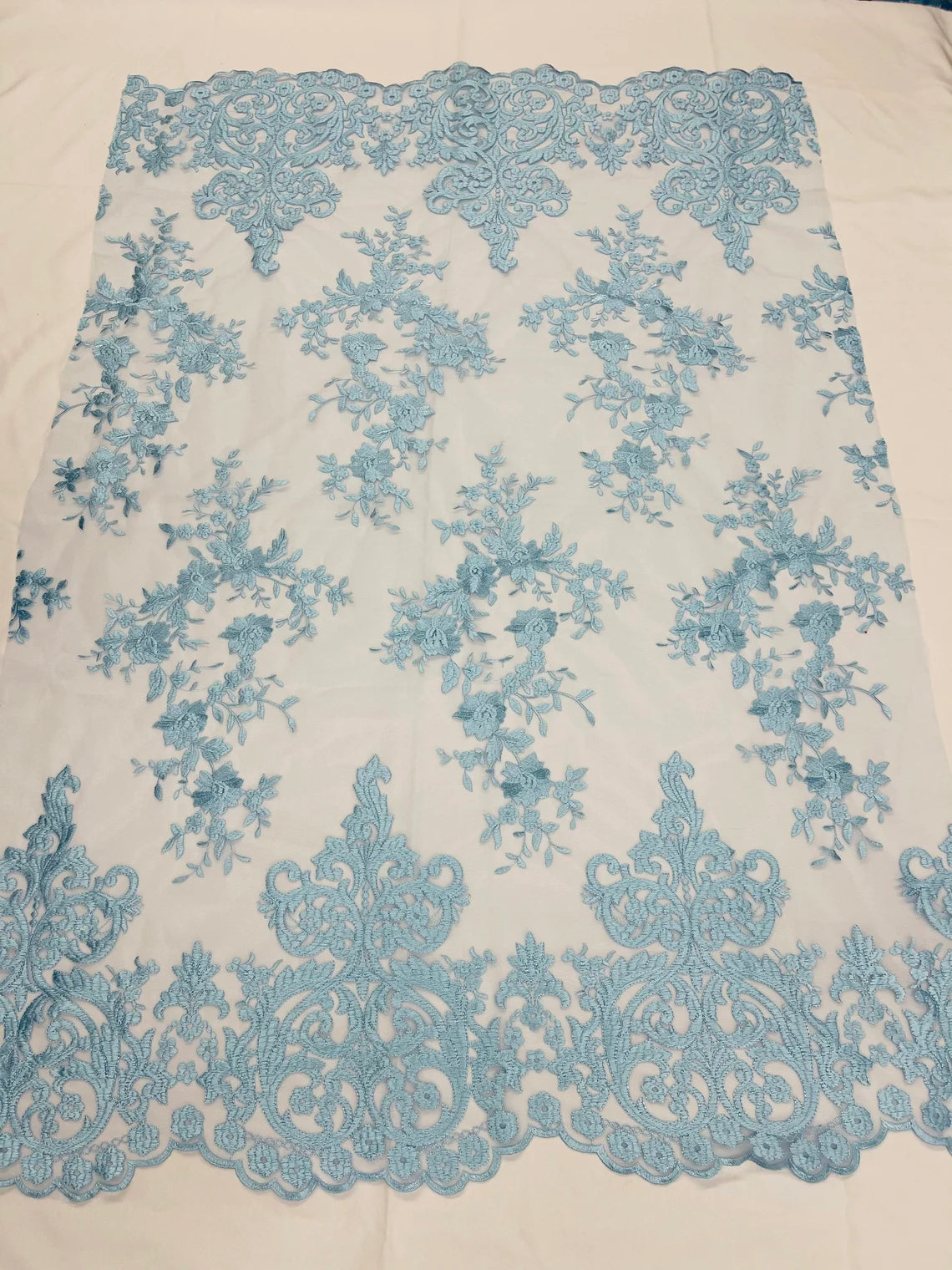 Damask Design Lace Fabric - Baby Blue - Embroidered Damask Fancy Beautiful Design Lace Fabric By Yard