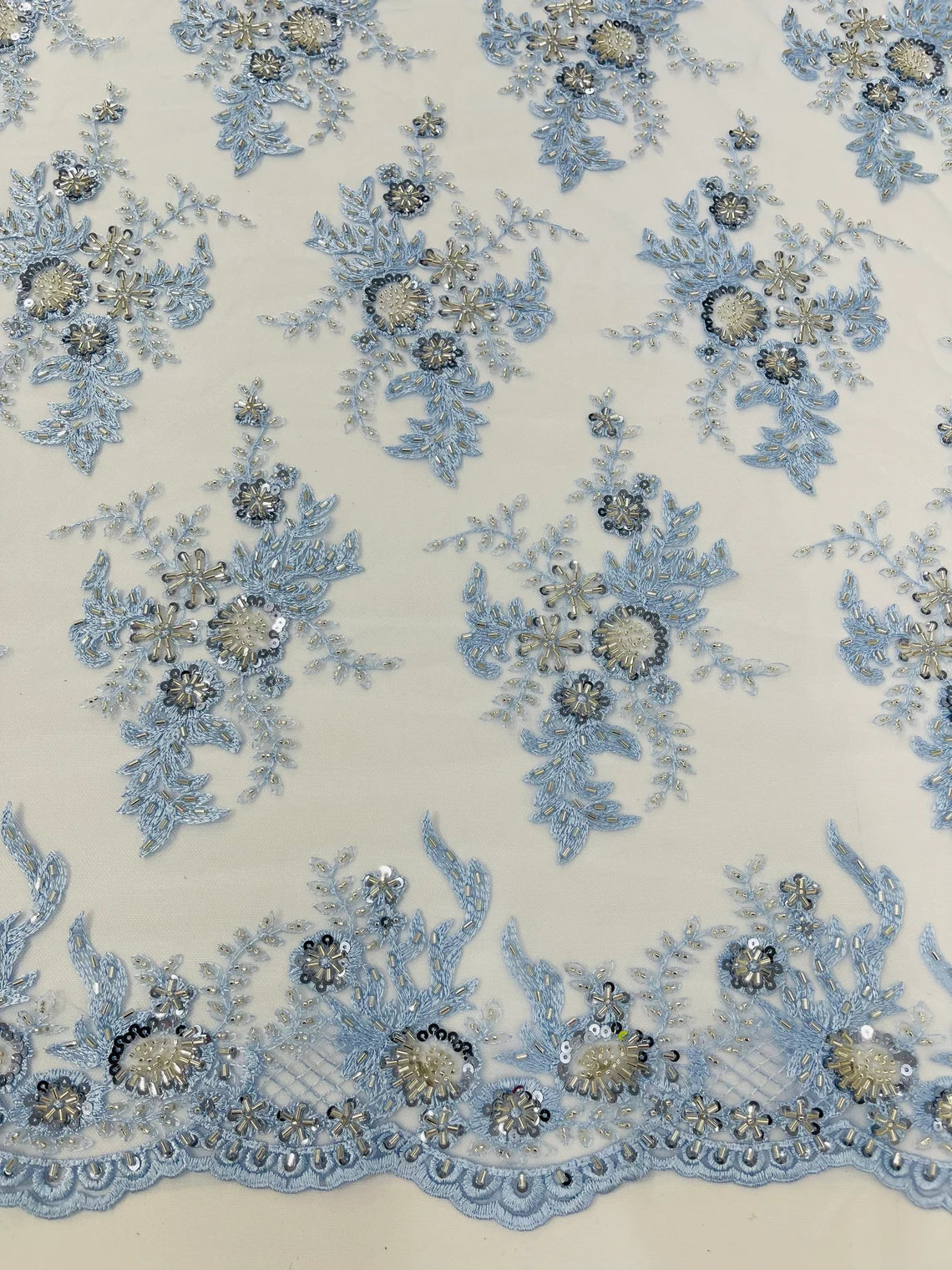 Floral Leaf Bead Sequins Fabric - Baby Blue - Embroidered Flower and Leaves Design Fabric By Yard