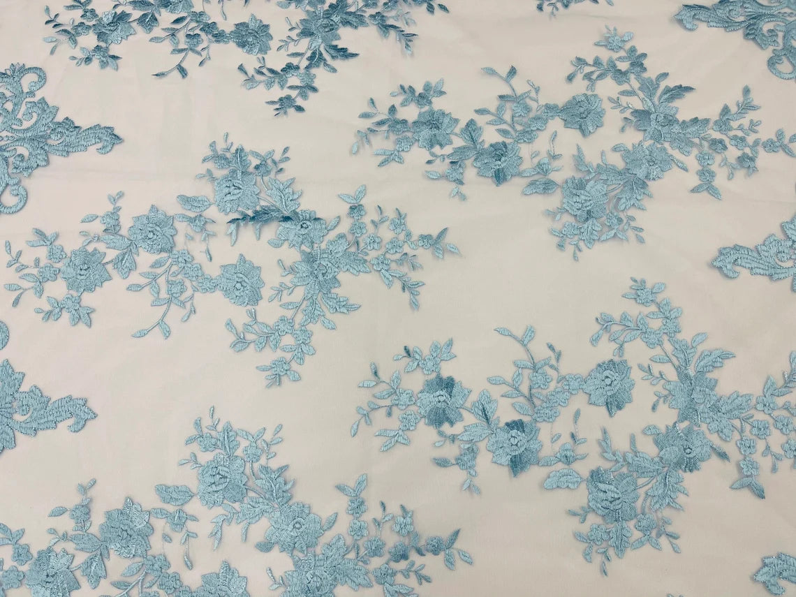 Damask Design Lace Fabric - Baby Blue - Embroidered Damask Fancy Beautiful Design Lace Fabric By Yard