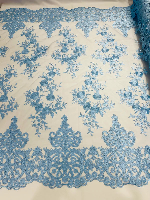 Damask Design Lace Fabric - Baby Blue - Embroidered Damask Fancy Beautiful Design Lace Fabric By Yard