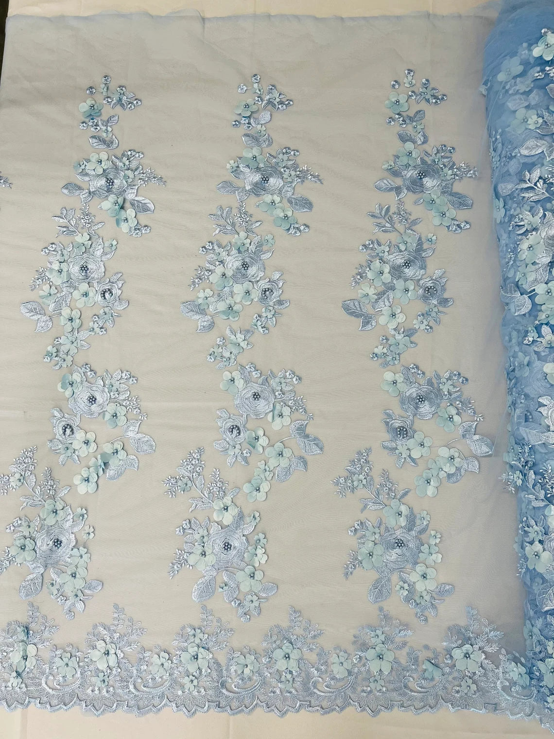 3D Flower Panels Fabric - Baby Blue - Flower Panels Bead Embroidered on Lace Fabric Sold By Yard
