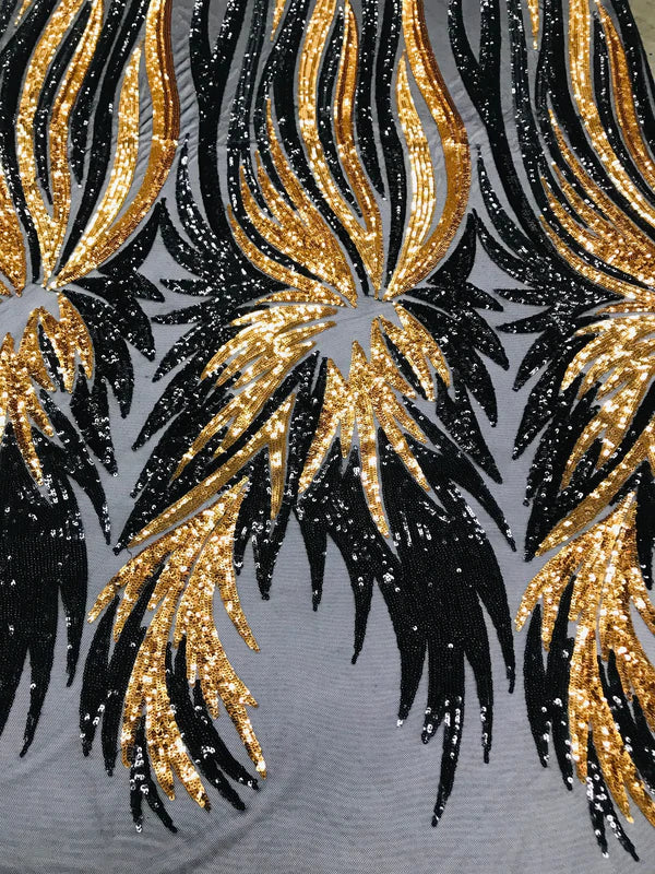 Wings Sequins Fabric - Black / Gold - Large Feather Wings 4 Way Stretch Sequins Design By Yard