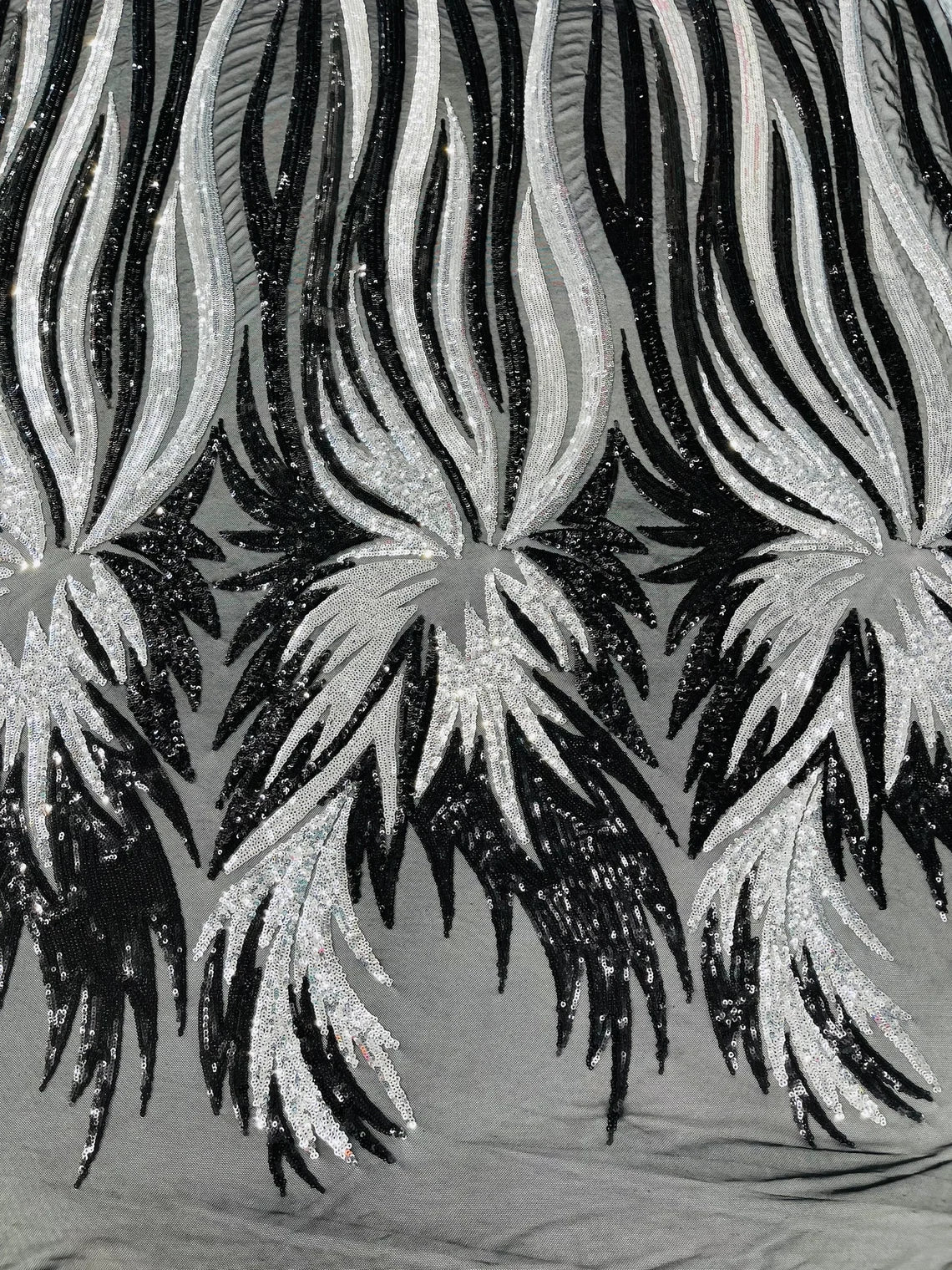 Wings Sequins Fabric - Black / Silver - Large Feather Wings 4 Way Stretch Sequins Design By Yard