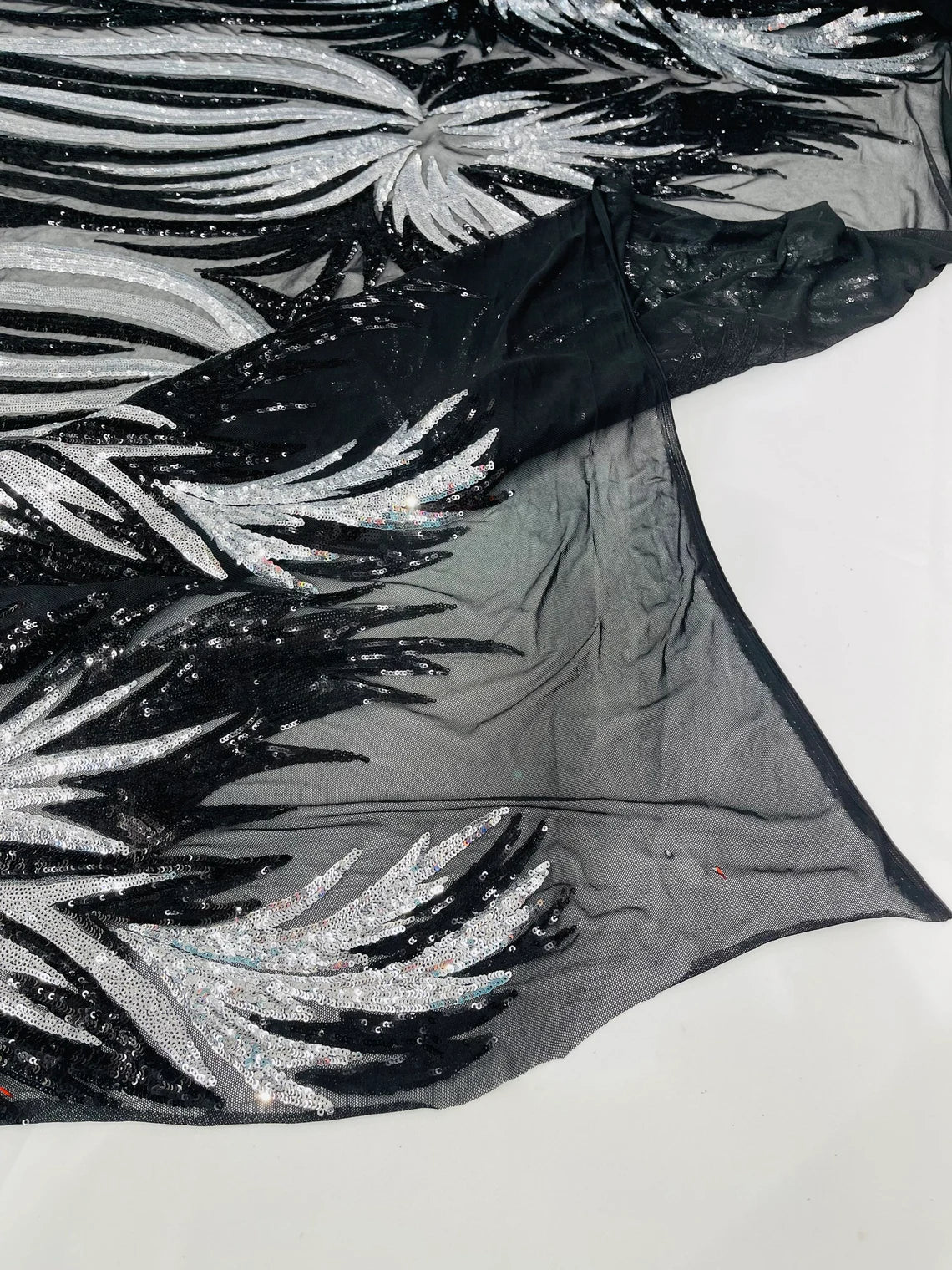 Wings Sequins Fabric - Black / Silver - Large Feather Wings 4 Way Stretch Sequins Design By Yard