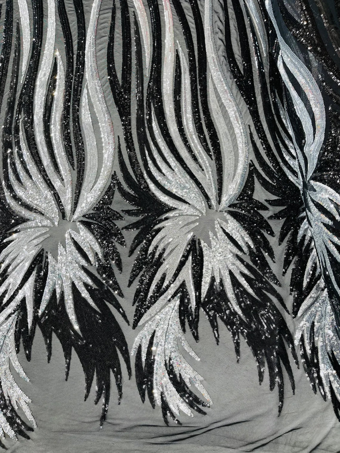 Wings Sequins Fabric - Black / Silver - Large Feather Wings 4 Way Stretch Sequins Design By Yard