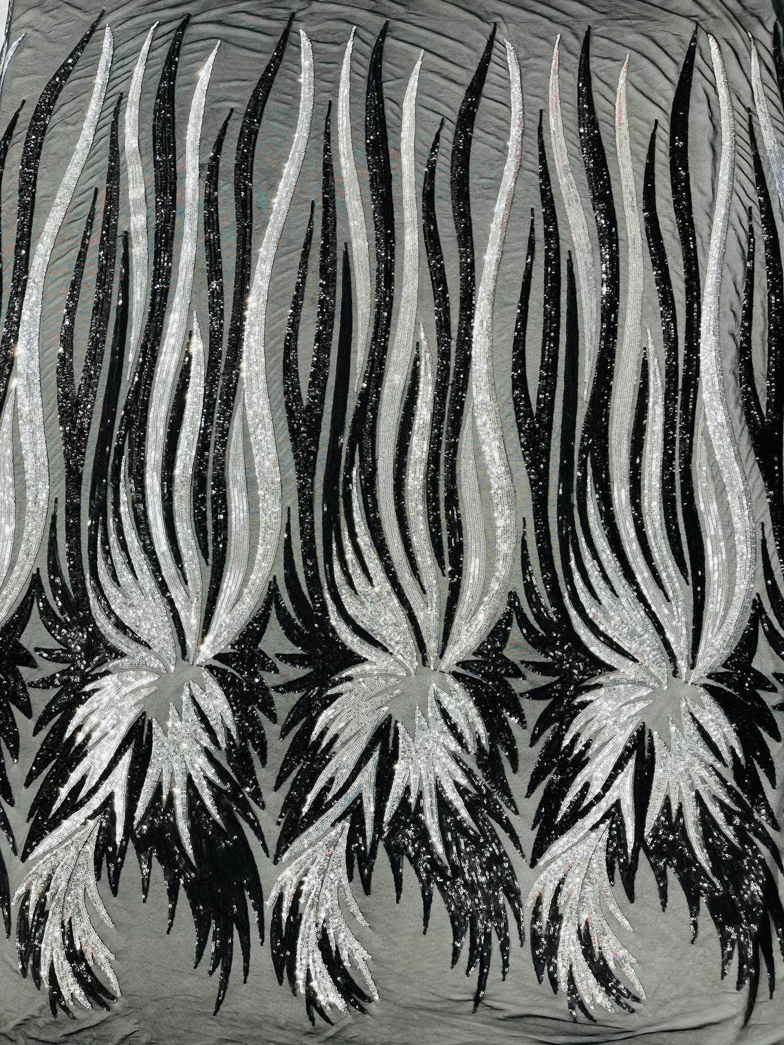 Wings Sequins Fabric - Black / Silver - Large Feather Wings 4 Way Stretch Sequins Design By Yard