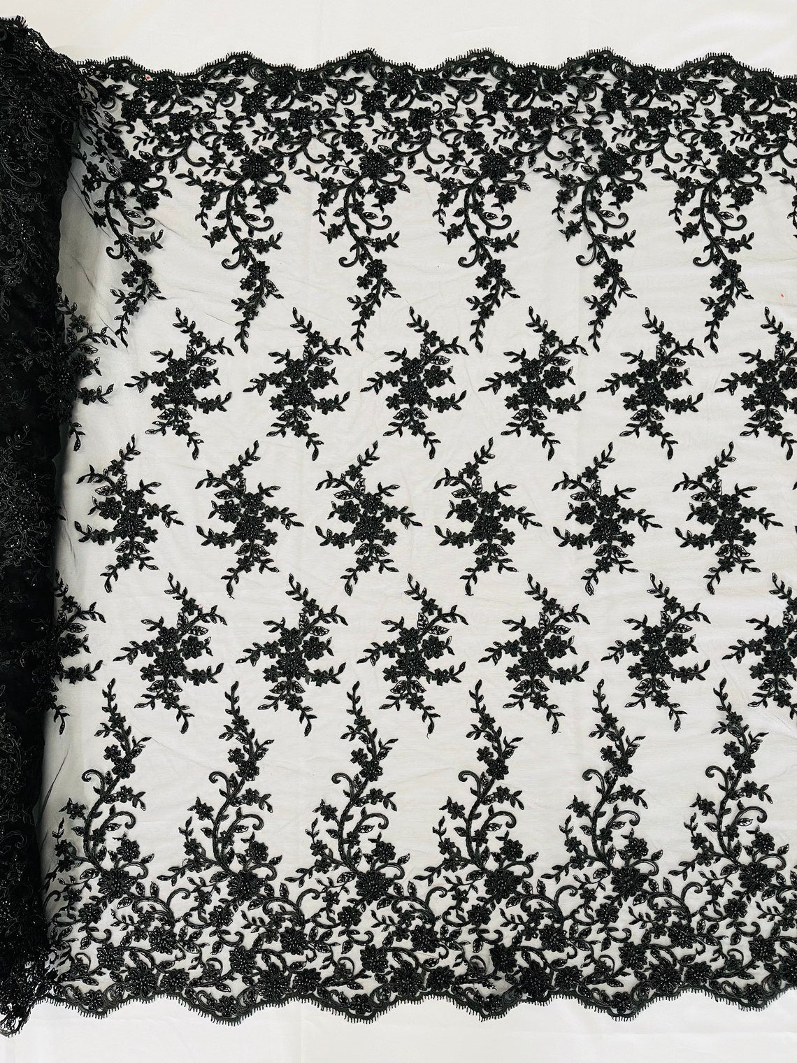 Floral Long Border Bead Fabric - Black - Embroidered Floral Cluster Design Fabric By Yard