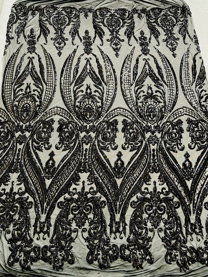 Big Damask 4 Way Sequins - Black - Embroidered Damask Design Sequins Fabric Sold By Yard