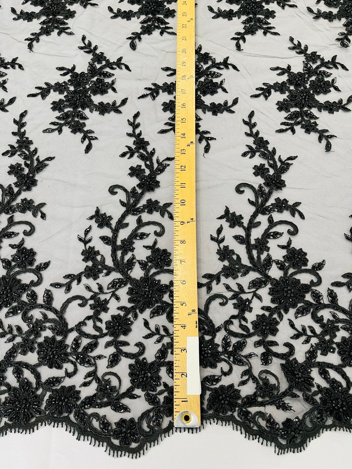 Floral Long Border Bead Fabric - Black - Embroidered Floral Cluster Design Fabric By Yard