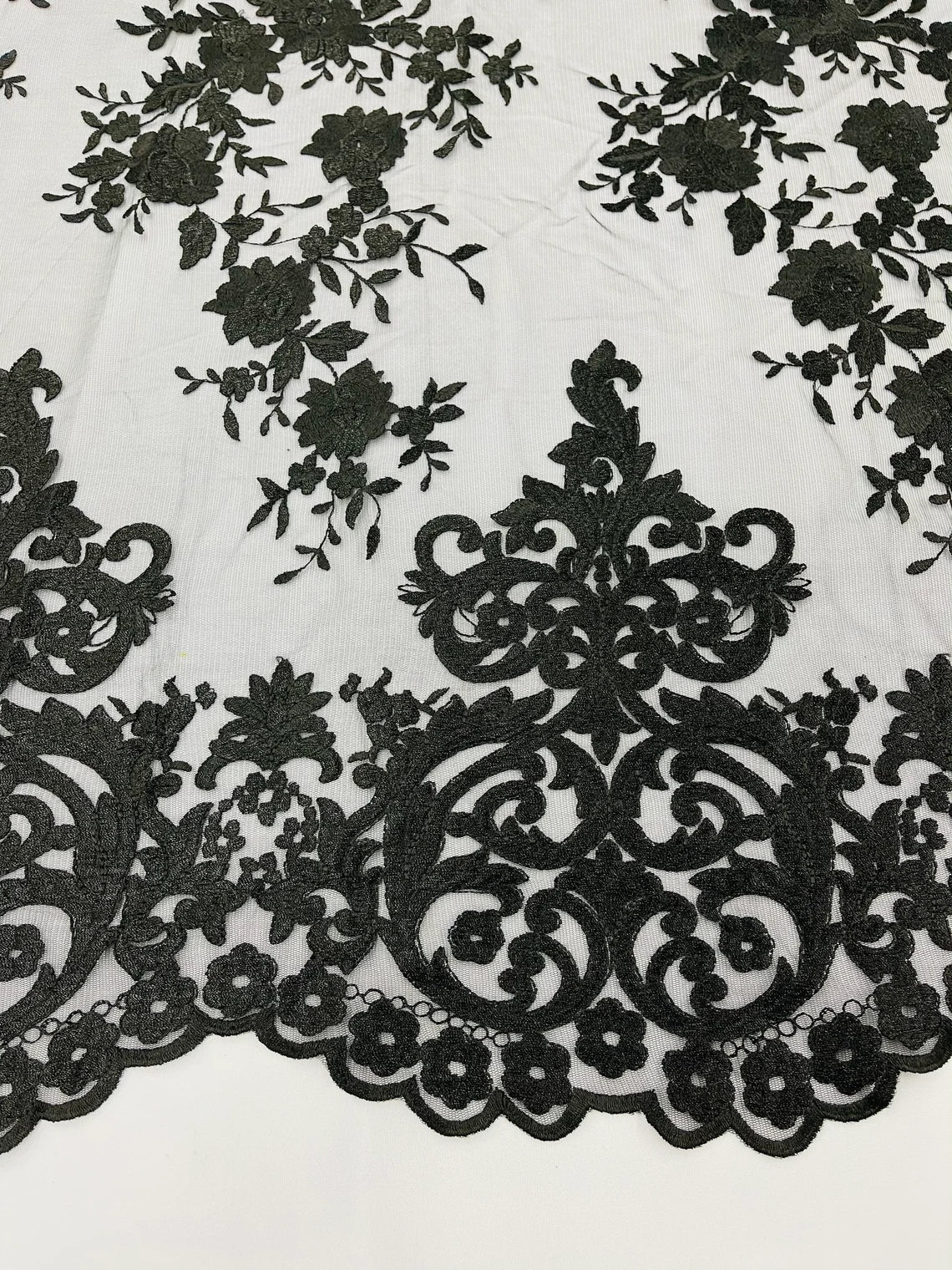 Damask Design Lace Fabric - Black - Embroidered Damask Fancy Beautiful Design Lace Fabric By Yard