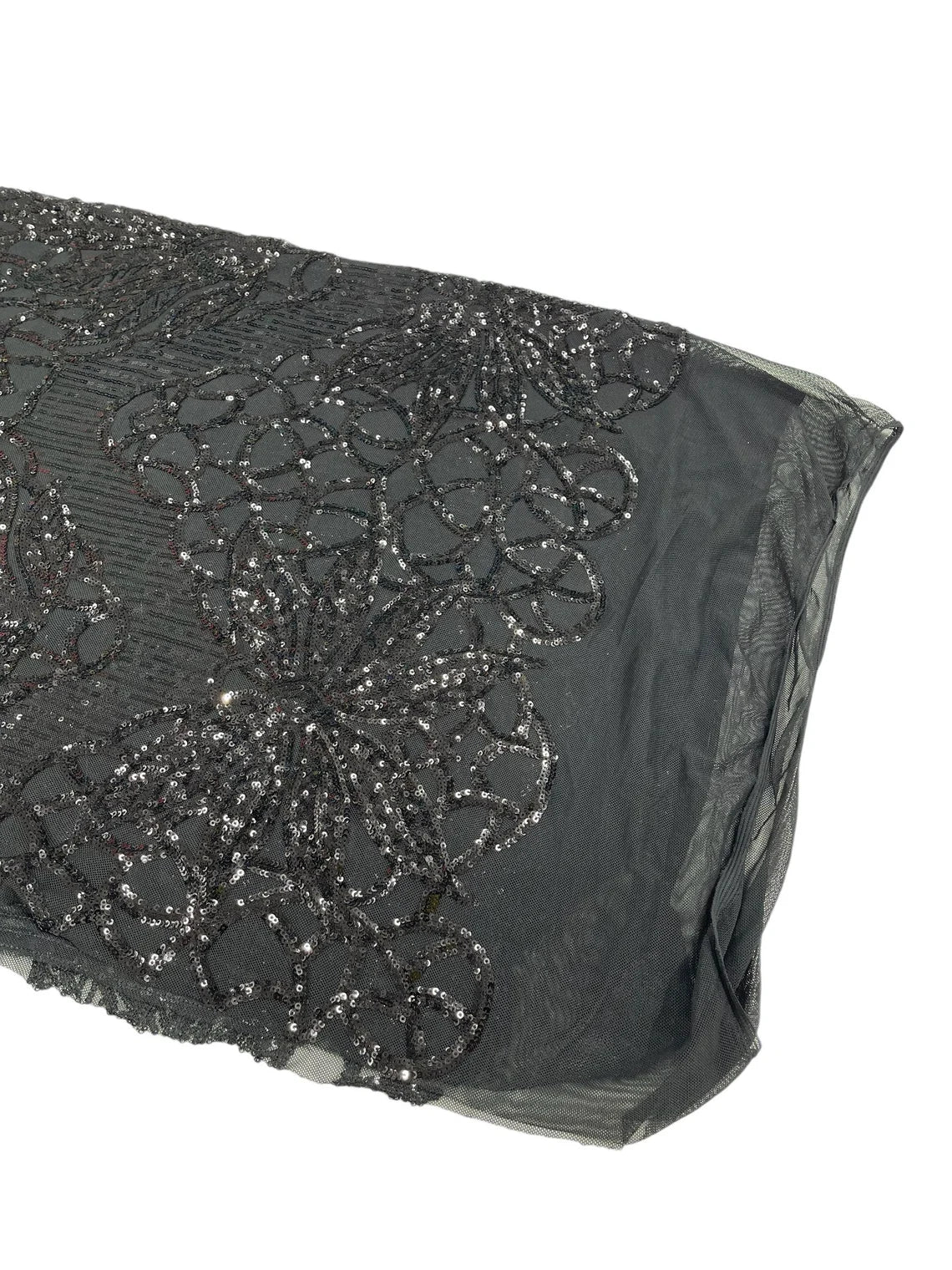 Gorgeous Star Leaf Fabric - Black - Leaf Design Embroidered 4 Way Stretch Sequins Fabric By Yard