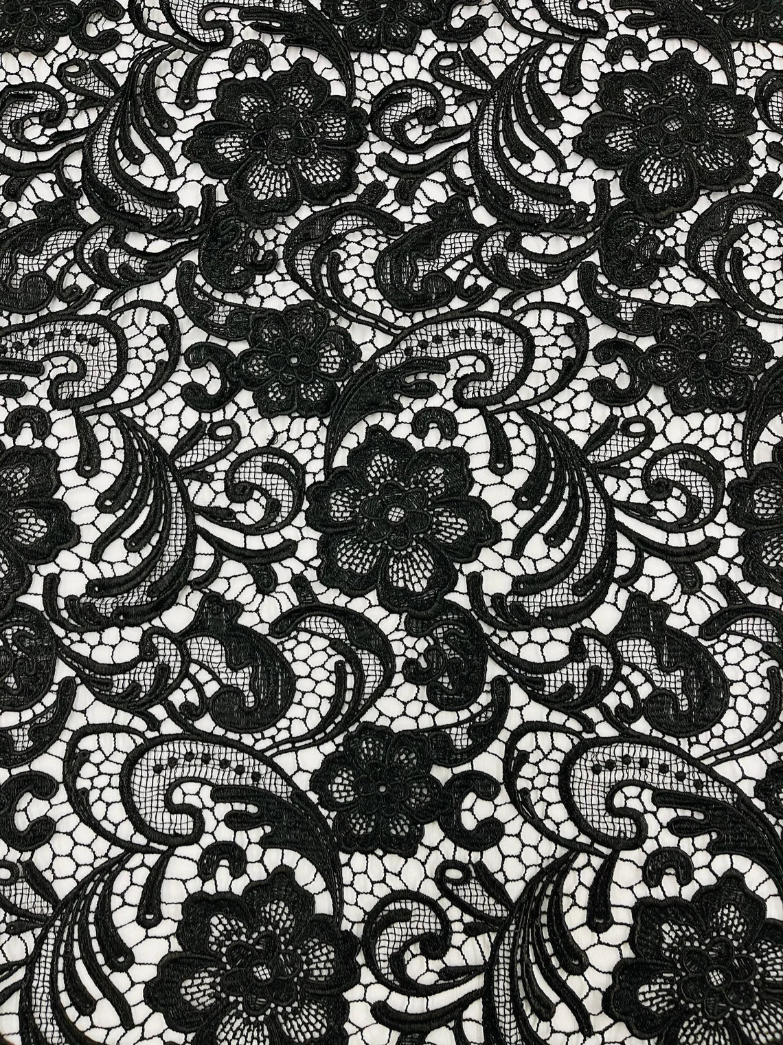 Floral Design Guipure Fabric - Black - Floral Lace Guipure Wedding Bridal Dress Fabrics by the Yard