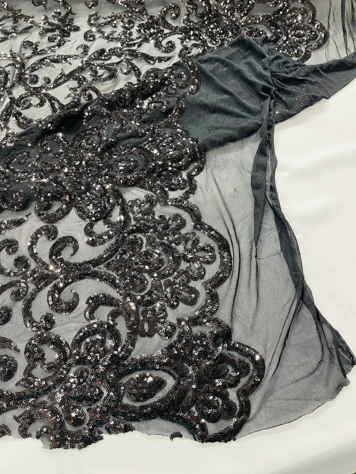 King Damask Design Sequins - Black - 4 Way Stretch Lace Mesh Embroidered Sequins By Yard