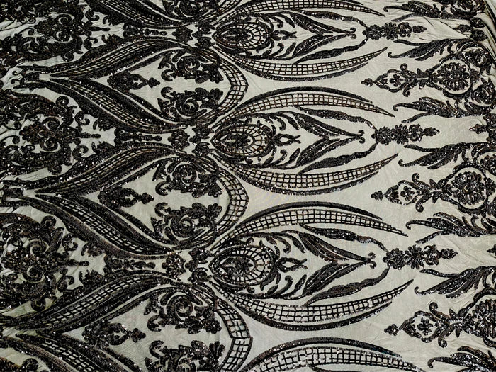 Big Damask 4 Way Sequins - Black - Embroidered Damask Design Sequins Fabric Sold By Yard