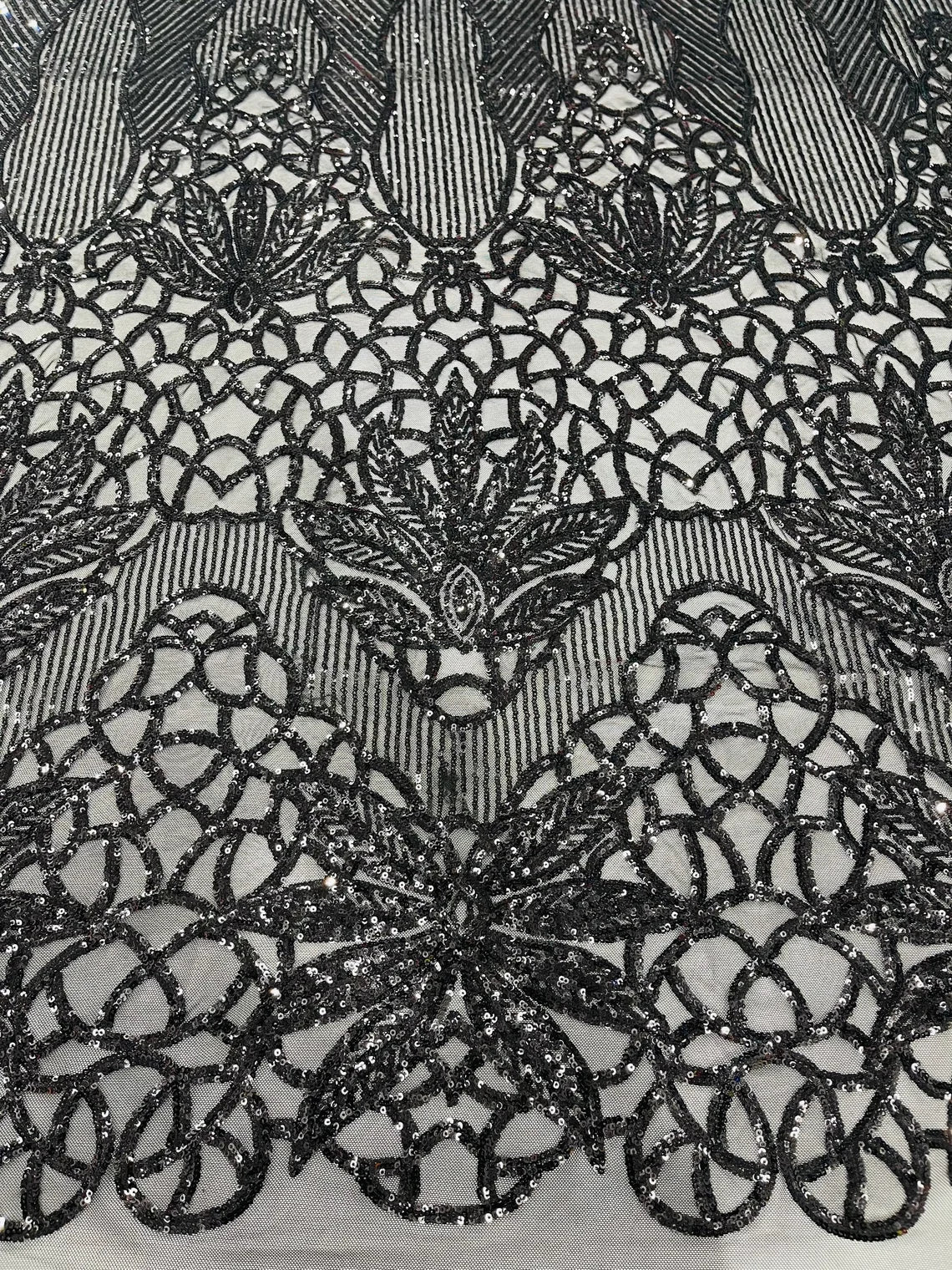 Gorgeous Star Leaf Fabric - Black - Leaf Design Embroidered 4 Way Stretch Sequins Fabric By Yard